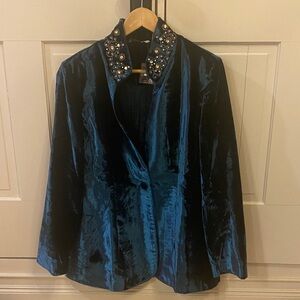 New Soft Surroundings Peacock Blue Velvet Blazer with Embellished Collar